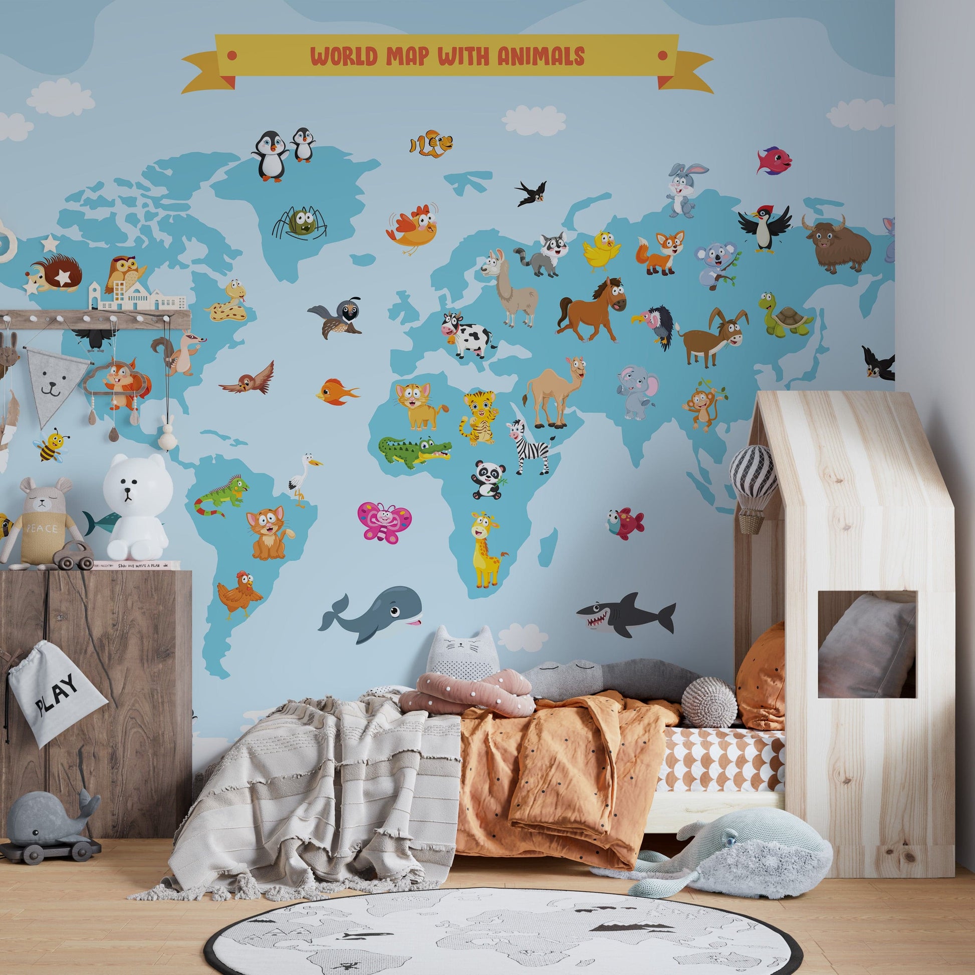 Animal world map nursery wallpaper
