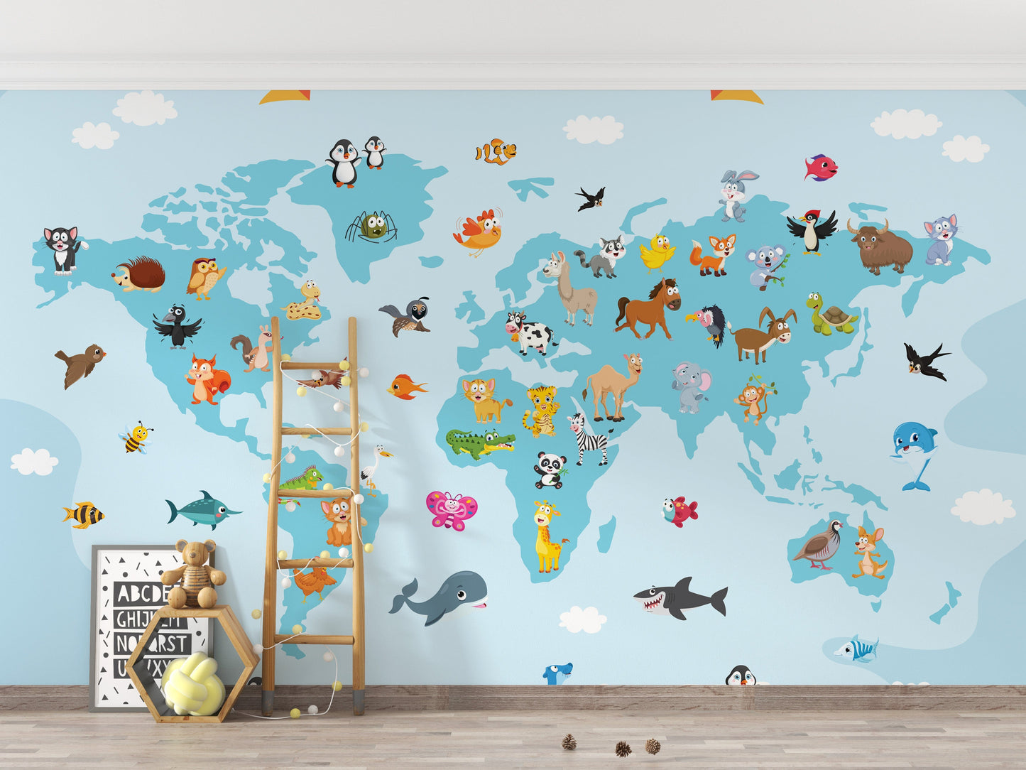 Kids animal map wallpaper mural
