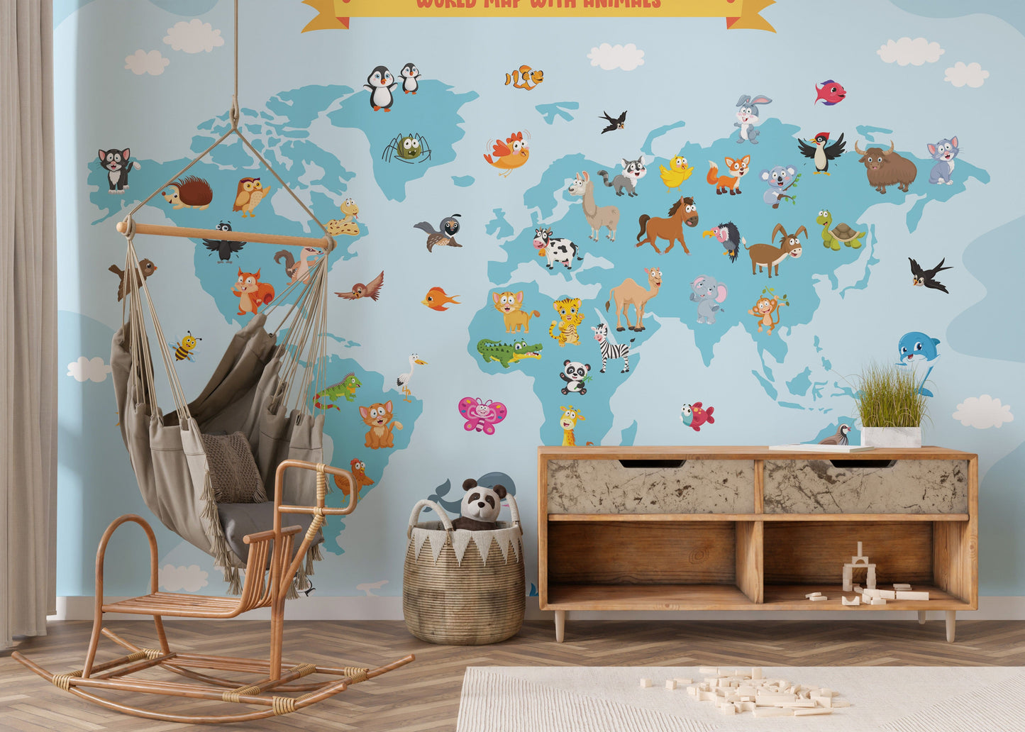 World map with animals wallpaper
