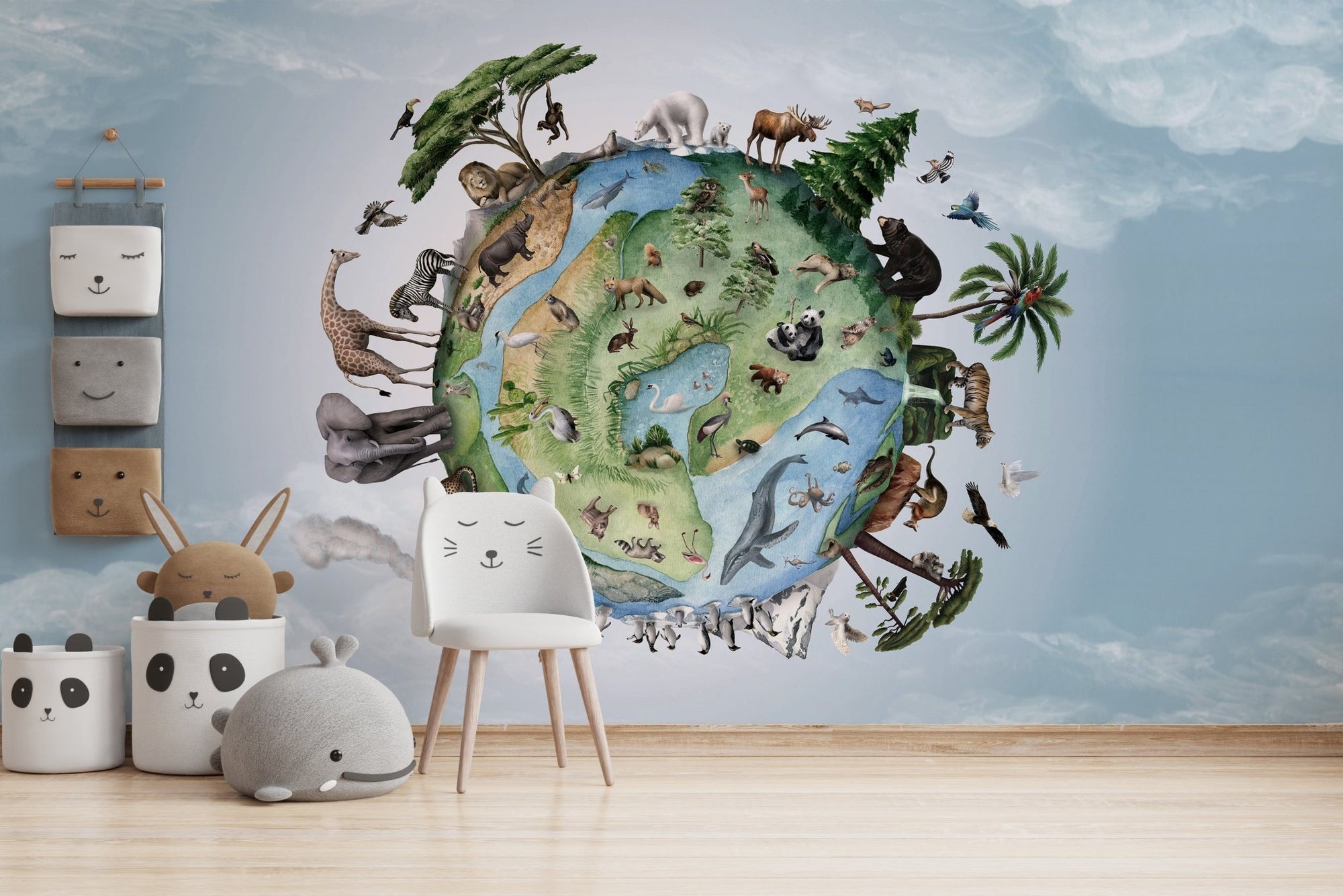 Artistic wallpaper showcasing animals circling the Earth KB04