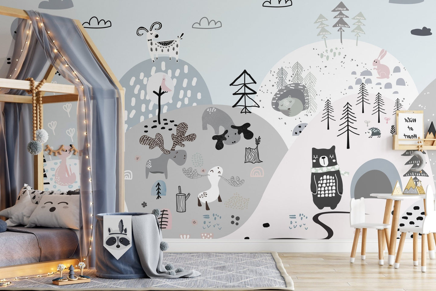 Cartoon bear and moose in scenic hills wallpaper mural. A791