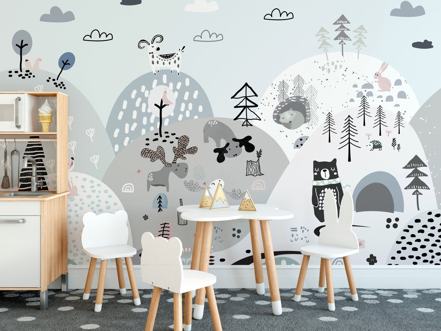 Playful woodland creatures on hills wallpaper mural. A791