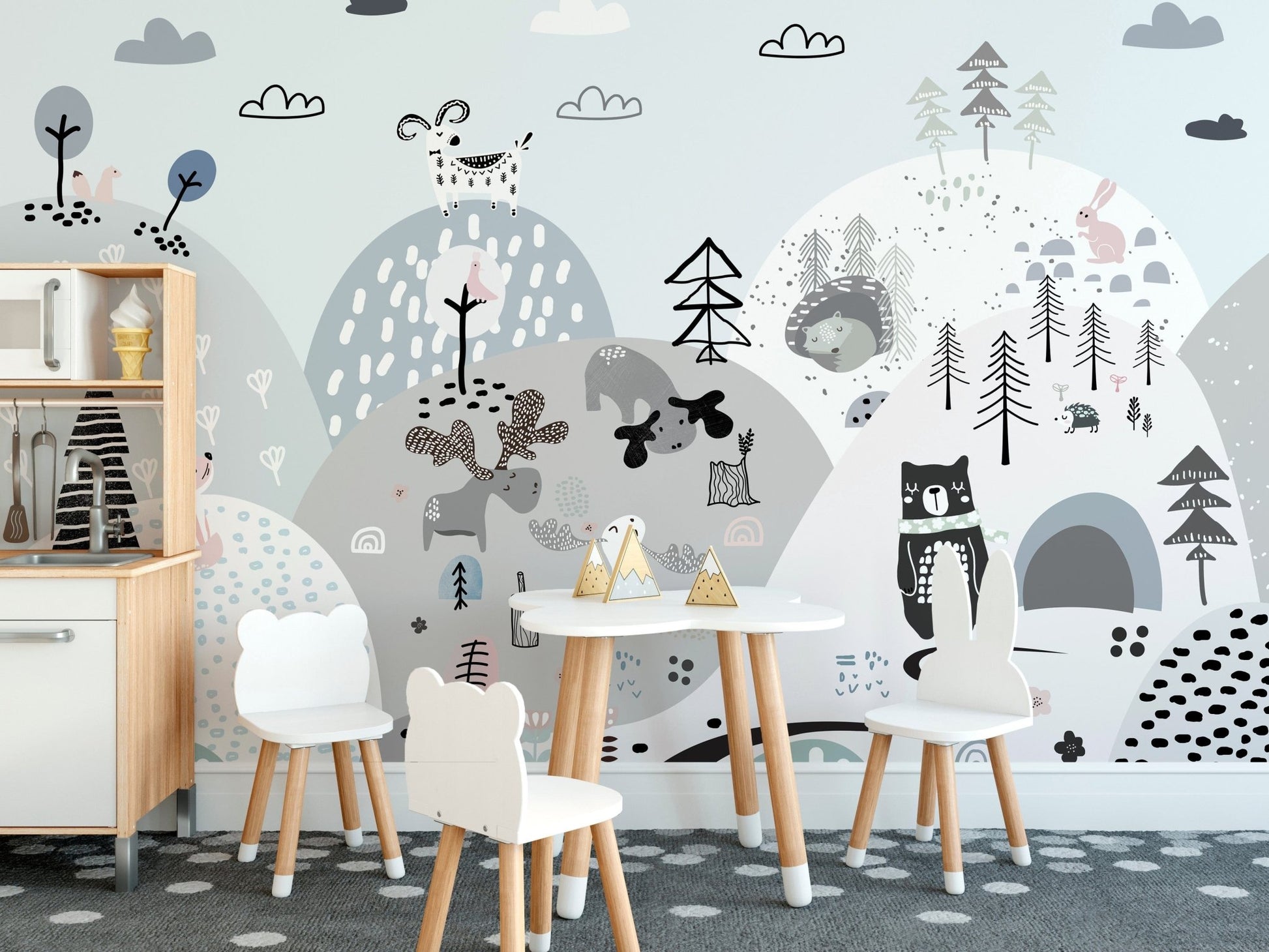 Playful woodland creatures on hills wallpaper mural. A791