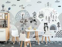Playful woodland creatures on hills wallpaper mural. A791