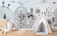 Whimsical hills wallpaper with animals and scenic trees. A791