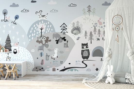 Playful forest animals wallpaper on scenic hilly backdrop A791