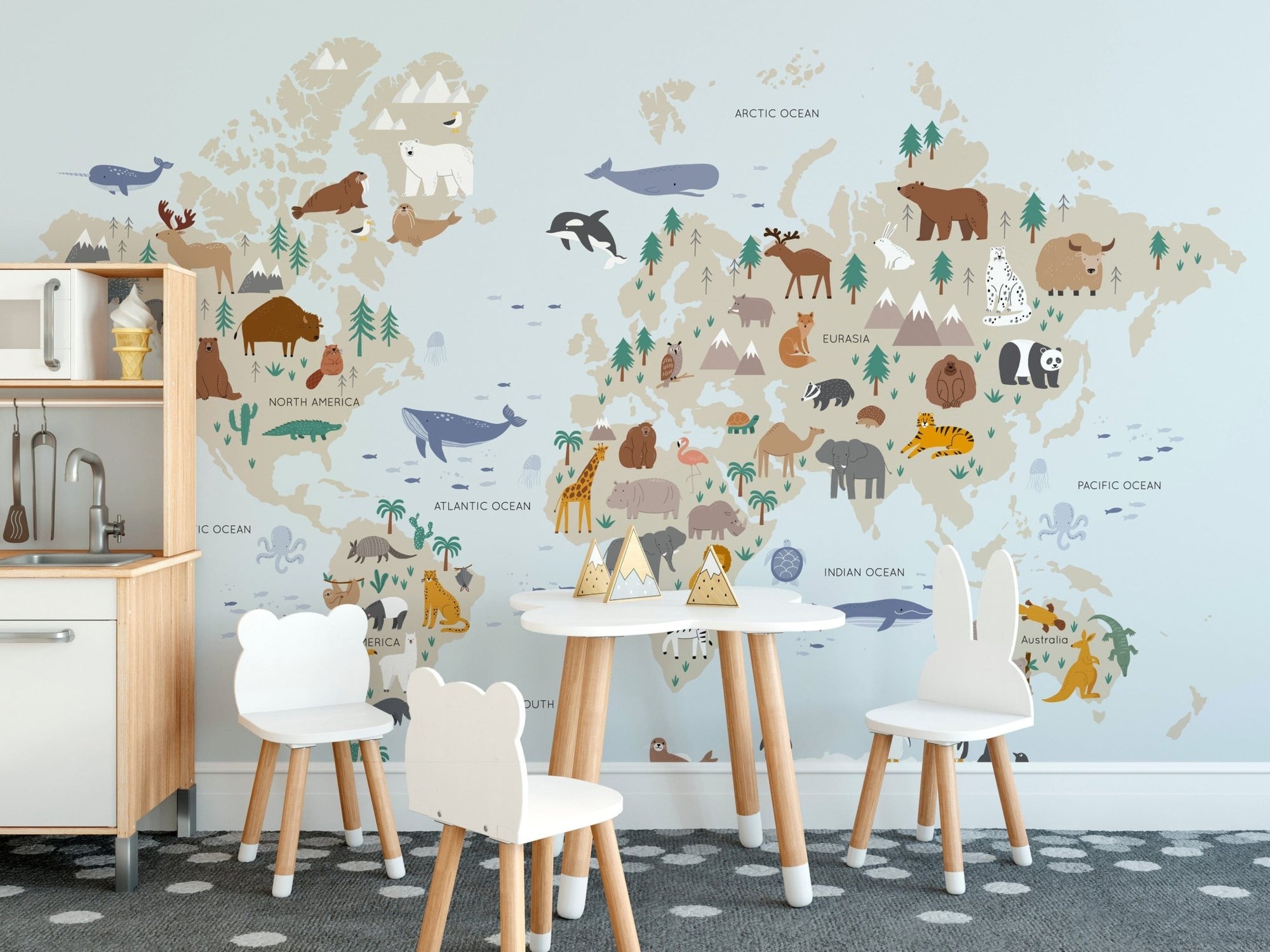 World map wallpaper with animals for kids’ rooms decor A745