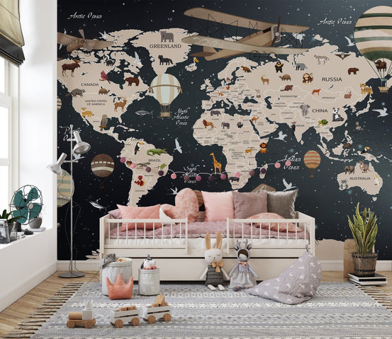 Kids' world map wallpaper with animals A872