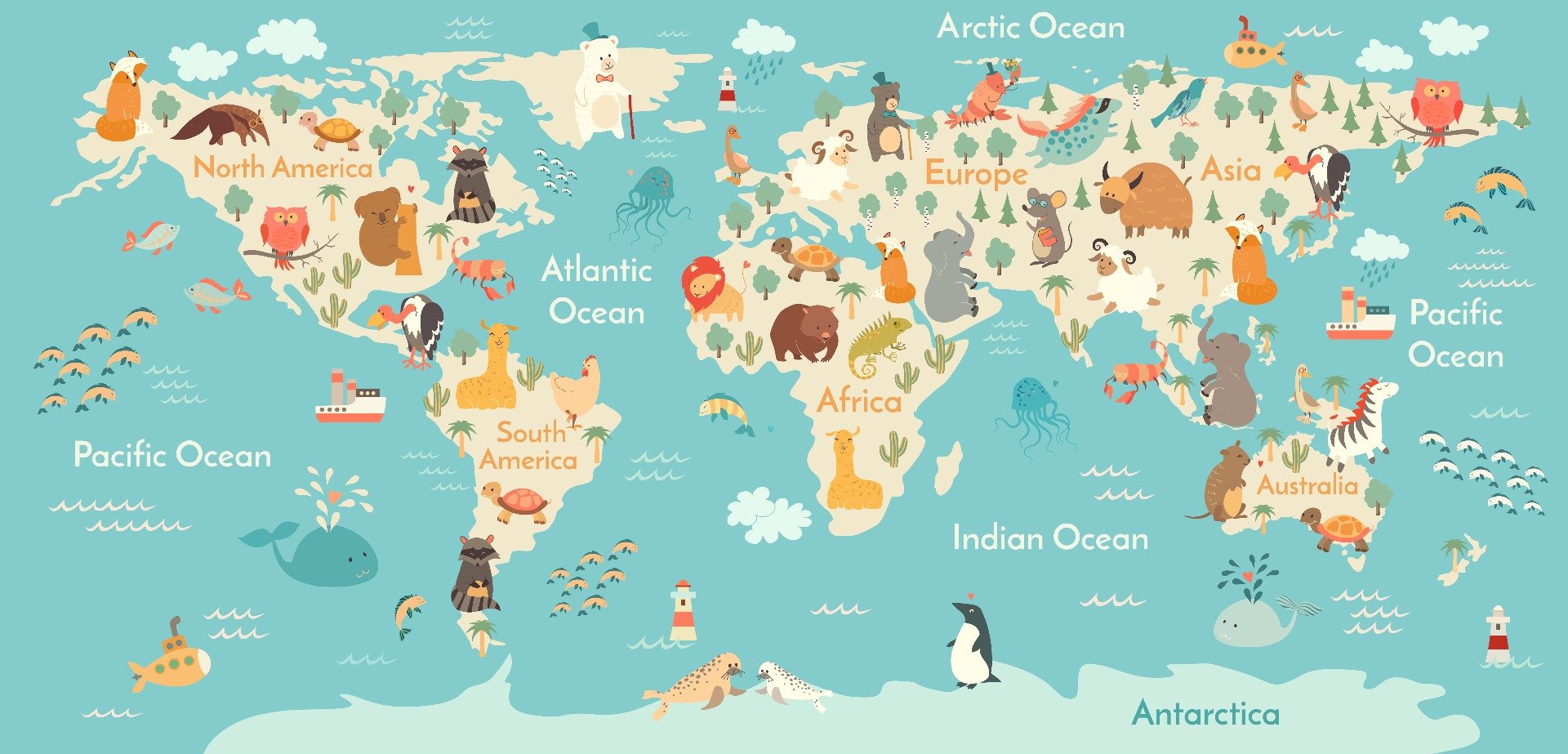 Kids Room Animal World Map Wallpaper Mural
