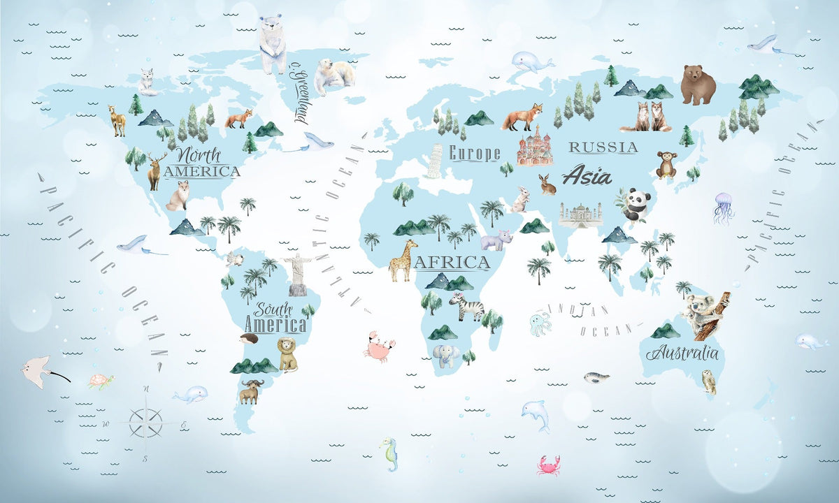 Blue Kids Room World Map Wallpaper Murals in your room — zoomed