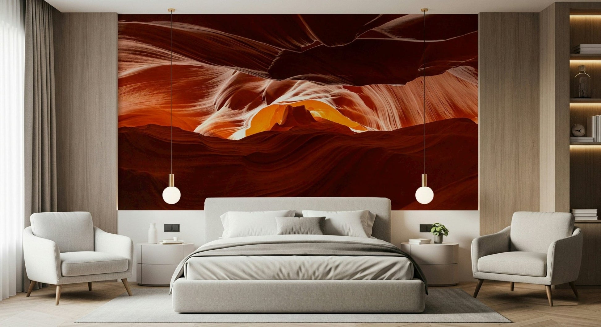 Warm neutral tones of a nature-inspired design for a living room wall mural wallpaper.