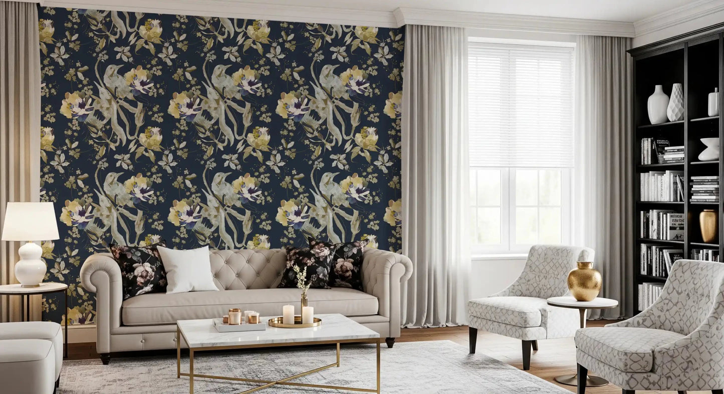Living room with Antique Cream Bird & Blossom Wallpaper and soft blooms