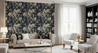 Living room with Antique Cream Bird & Blossom Wallpaper and soft blooms