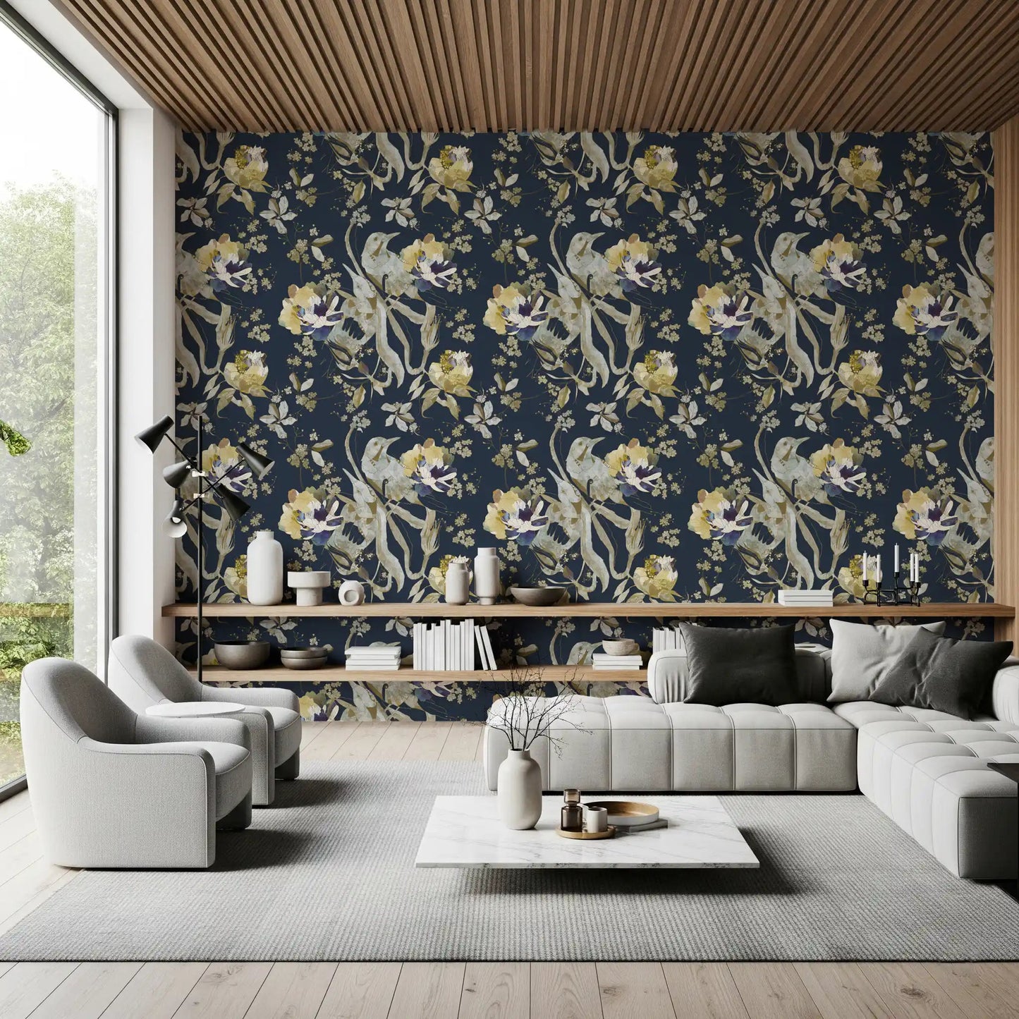 Living room styled in Antique Cream Bird & Blossom Wallpaper with birds