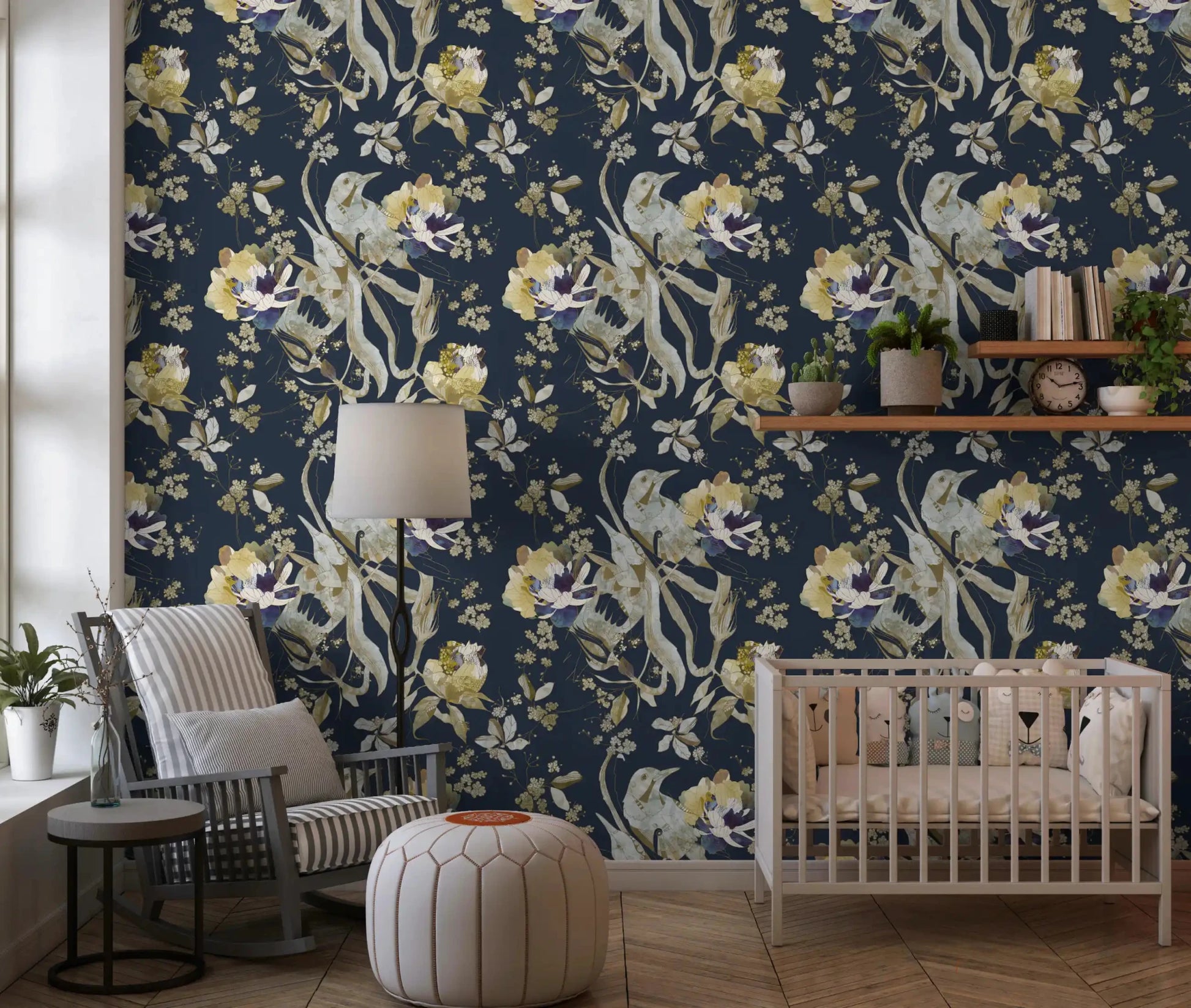 Soft cream petals stand out in Antique Cream Bird & Blossom Wallpaper