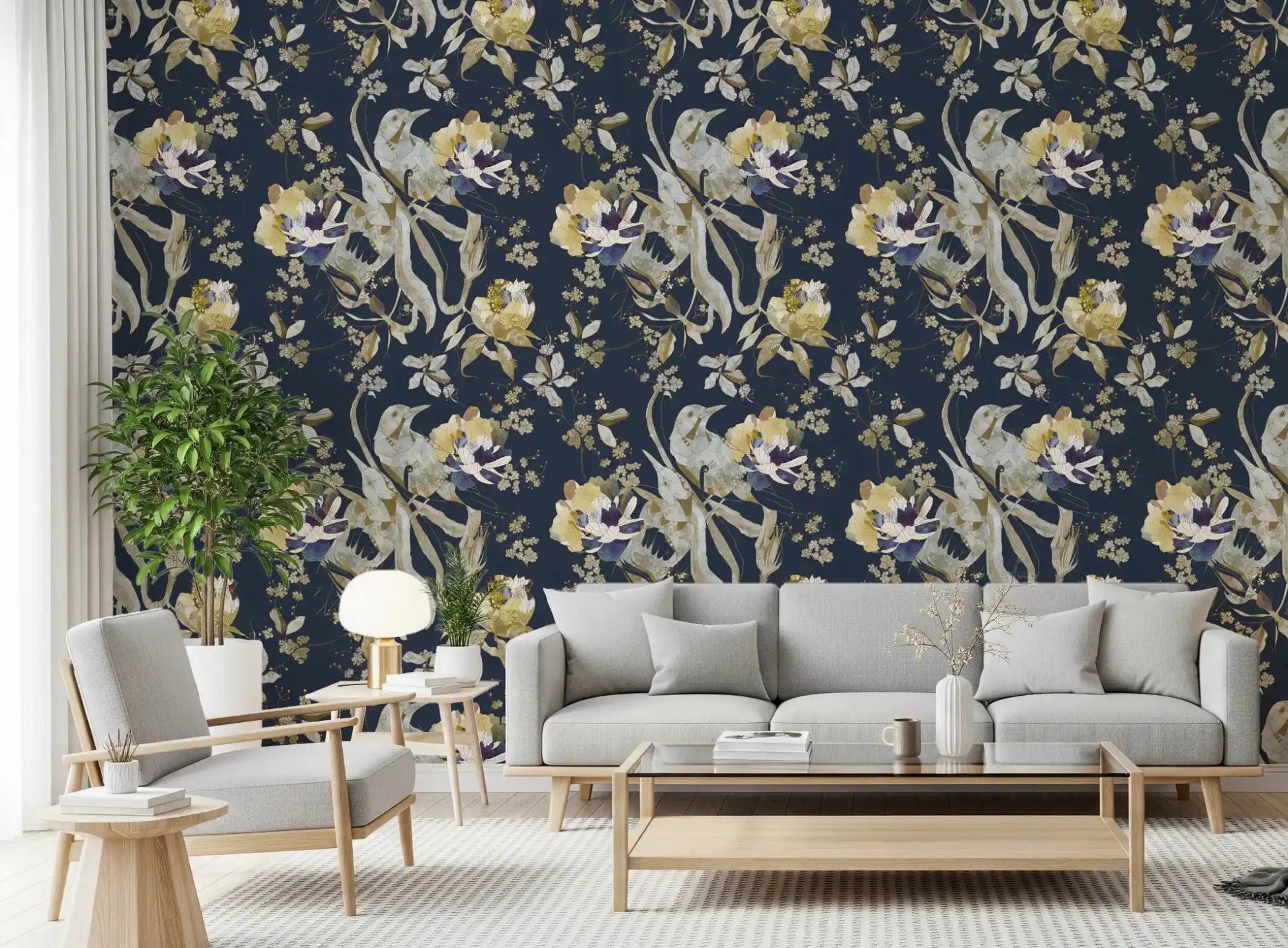 Deep background contrast enriches Antique Cream Bird & Blossom Wallpaper