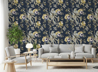 Deep background contrast enriches Antique Cream Bird & Blossom Wallpaper