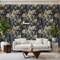 Modern Office space wall with Antique Cream Bird & Blossom Wallpaper and floral detail