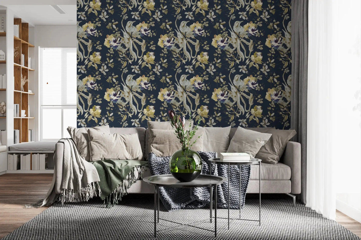 Delicate blooms shape Antique Cream Bird & Blossom Wallpaper beautifully