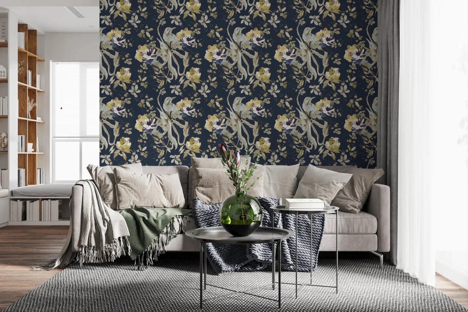 Delicate blooms shape Antique Cream Bird & Blossom Wallpaper beautifully