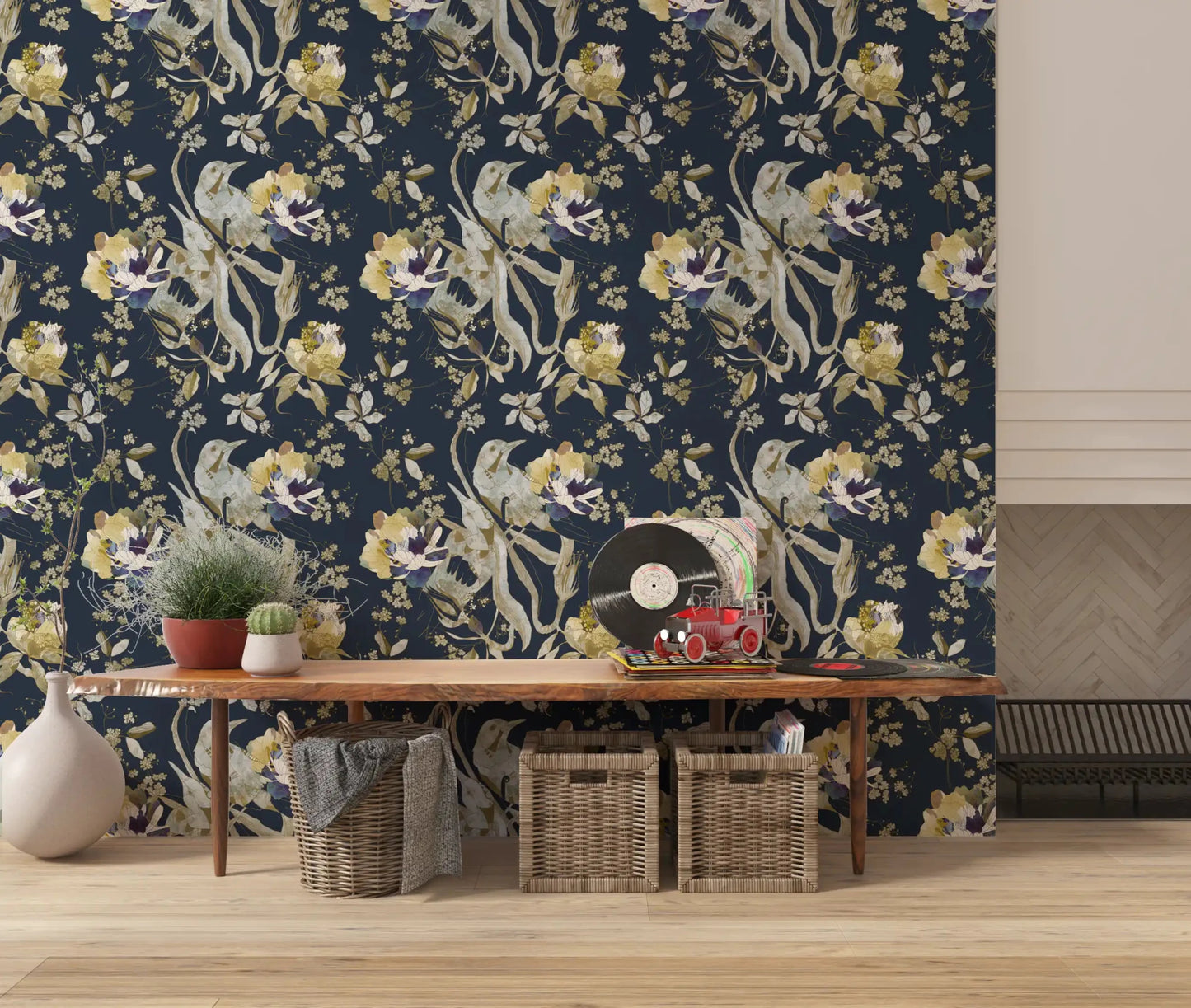 Vintage floral styling runs through Antique Cream Bird & Blossom Wallpaper