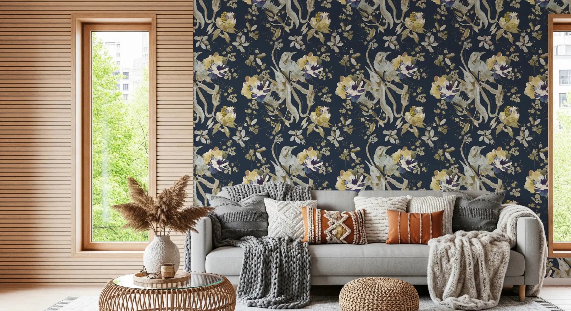 Hallway featuring Antique Cream Bird & Blossom Wallpaper on dark ground