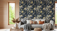 Hallway featuring Antique Cream Bird & Blossom Wallpaper on dark ground