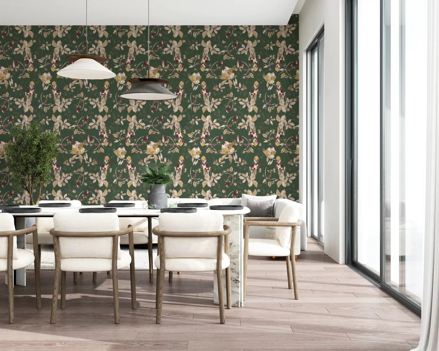 Muted green tones enrich Antique Cream Botanical Wallpaper with depth, GD9475