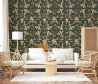 Narrow hallway featuring Antique Cream Botanical Wallpaper on muted green, GD9475