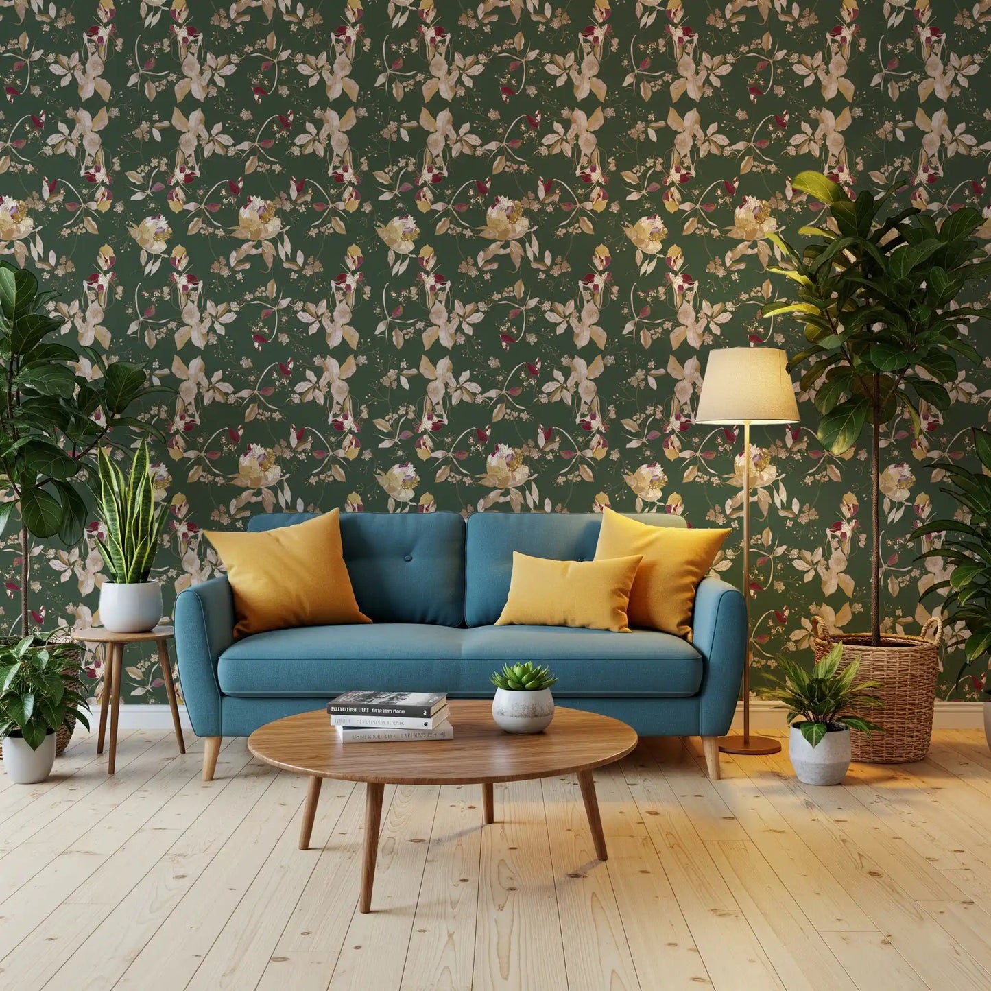 Refined office wall with Antique Cream Botanical Wallpaper and branches, GD9475