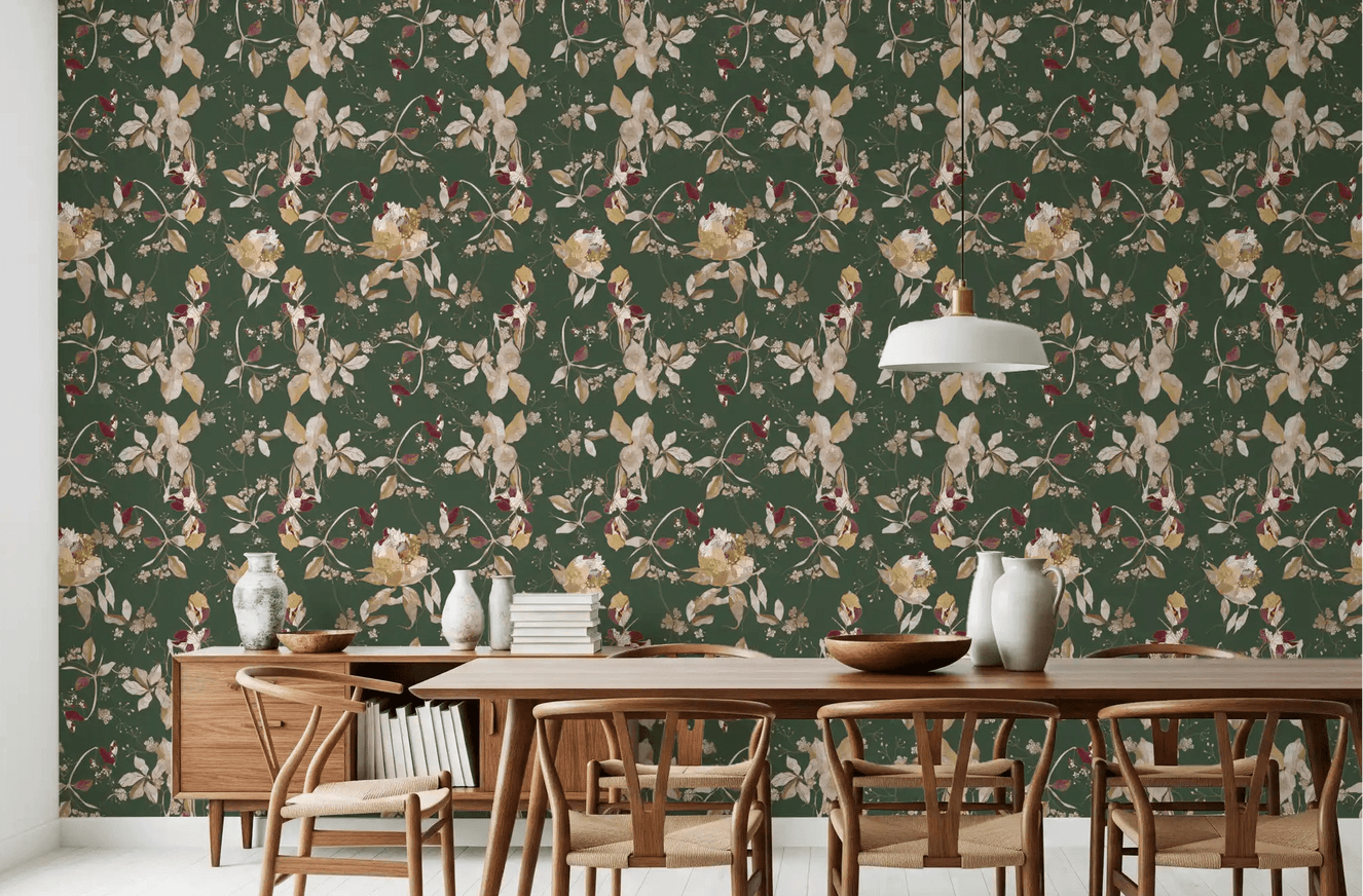 Soft Dining room styled in Antique Cream Botanical Wallpaper with vine detail