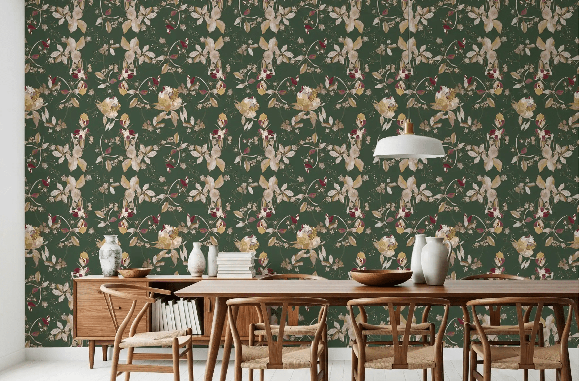 Soft Dining room styled in Antique Cream Botanical Wallpaper with vine detail