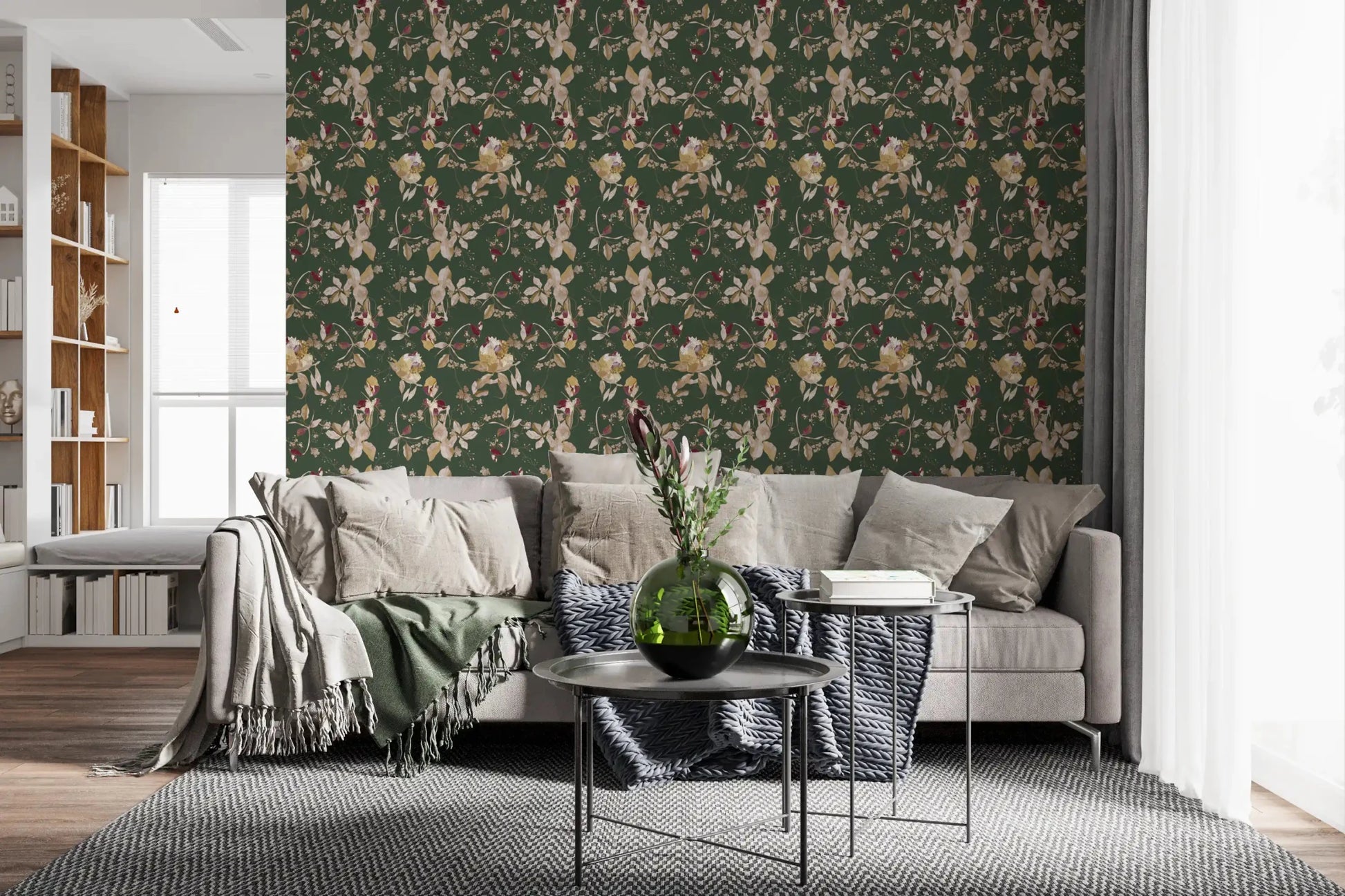 Elegant living room with Antique Cream Botanical Wallpaper and cream blooms, GD9475