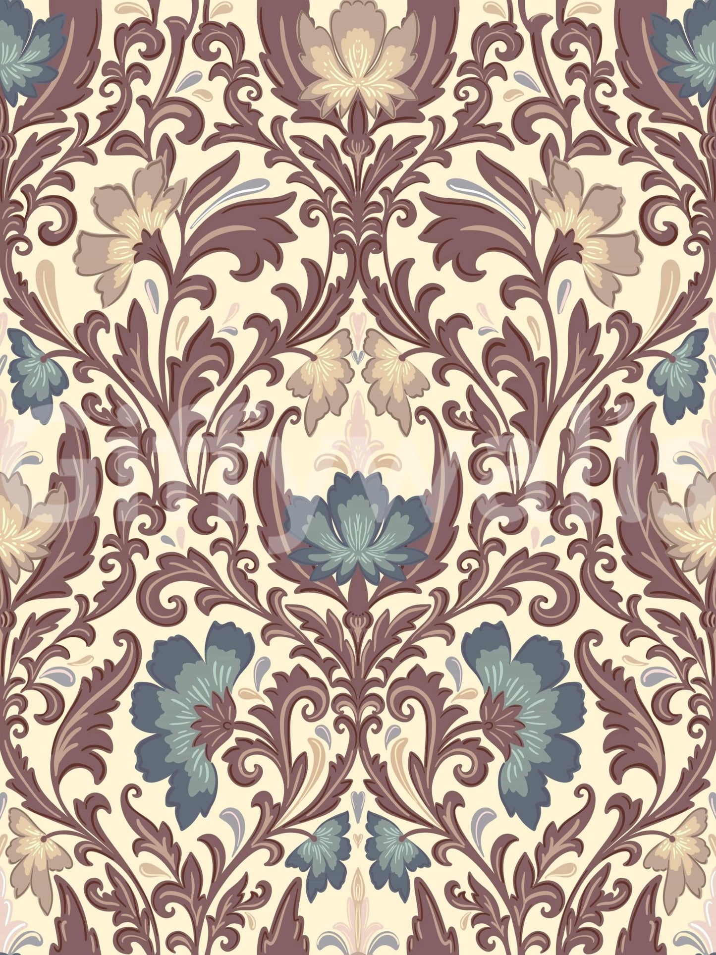 Historical Antique Floral Flourish wallpaper, heritage look.