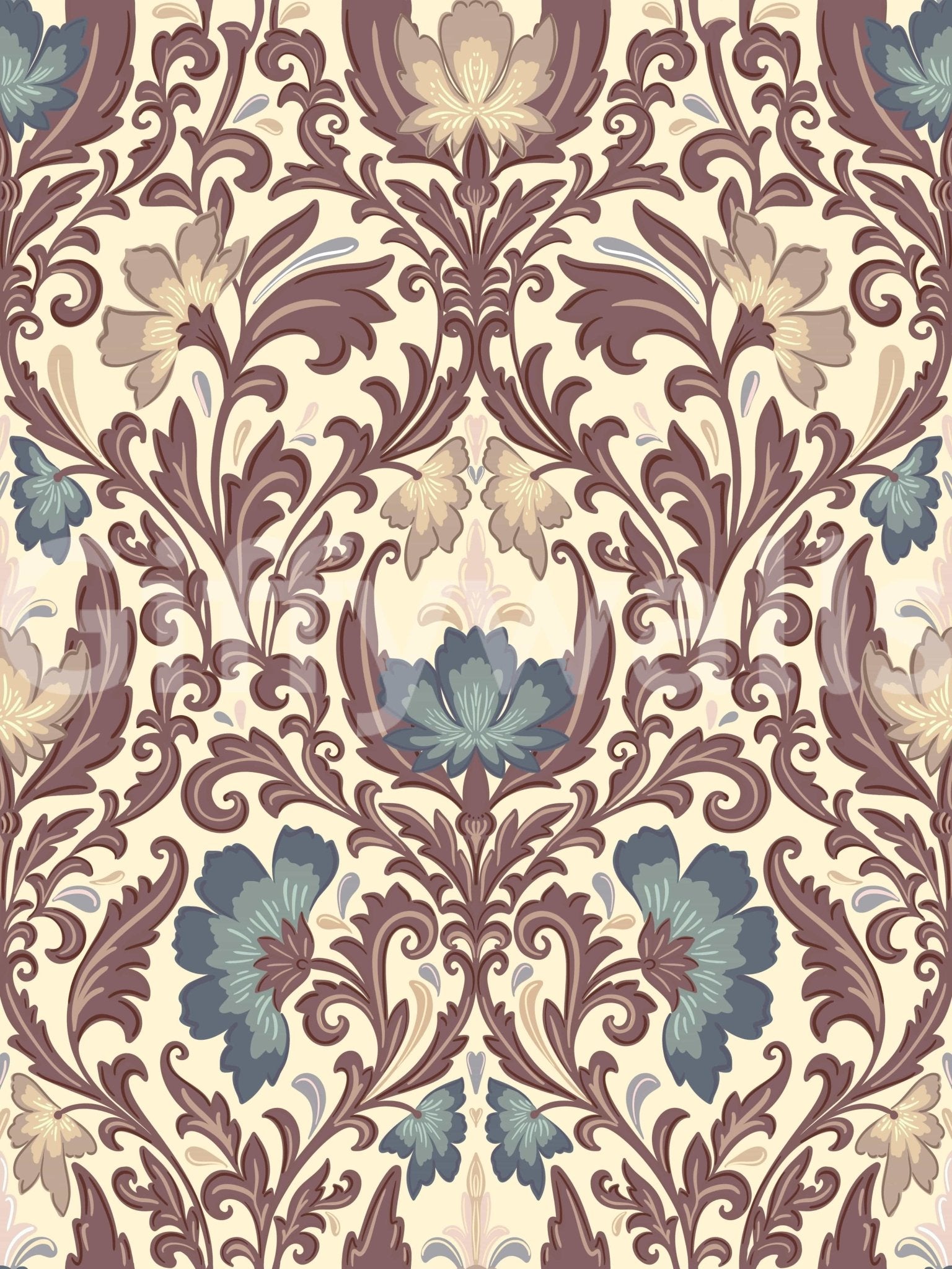 Historical Antique Floral Flourish wallpaper, heritage look.