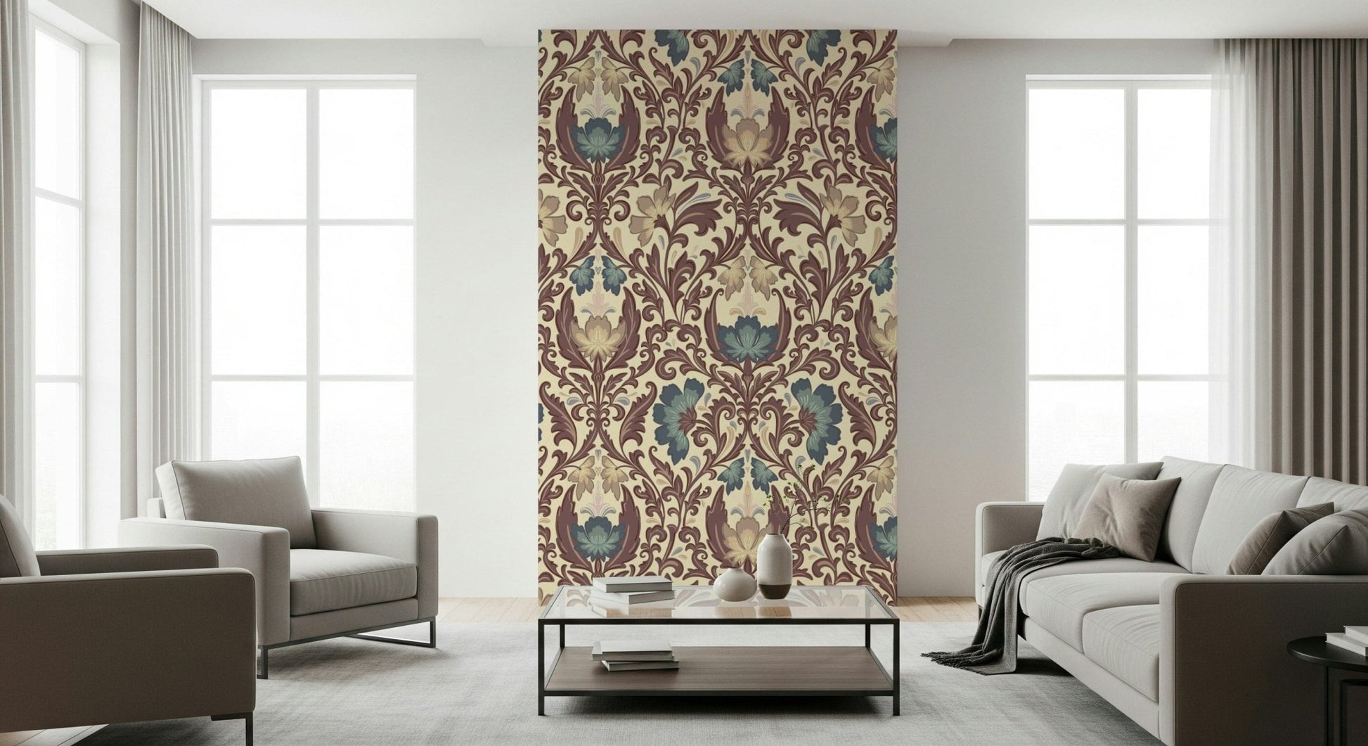 Antique Floral Flourish wall mural, vintage damask pattern.