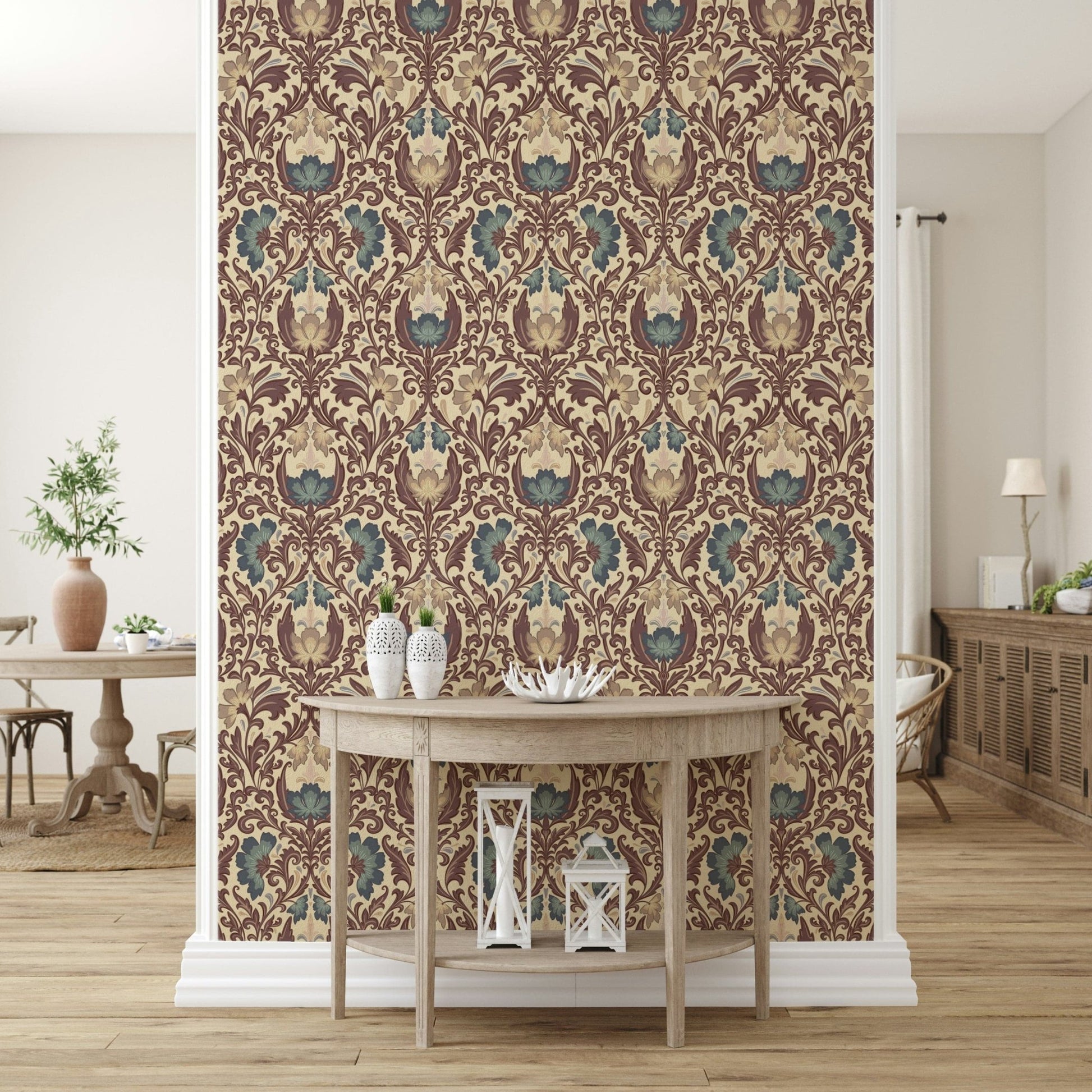 Elegant Antique Floral Flourish wallpaper design, rich colors.