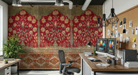 Detailed floral landscape mural with a weathered fabric texture