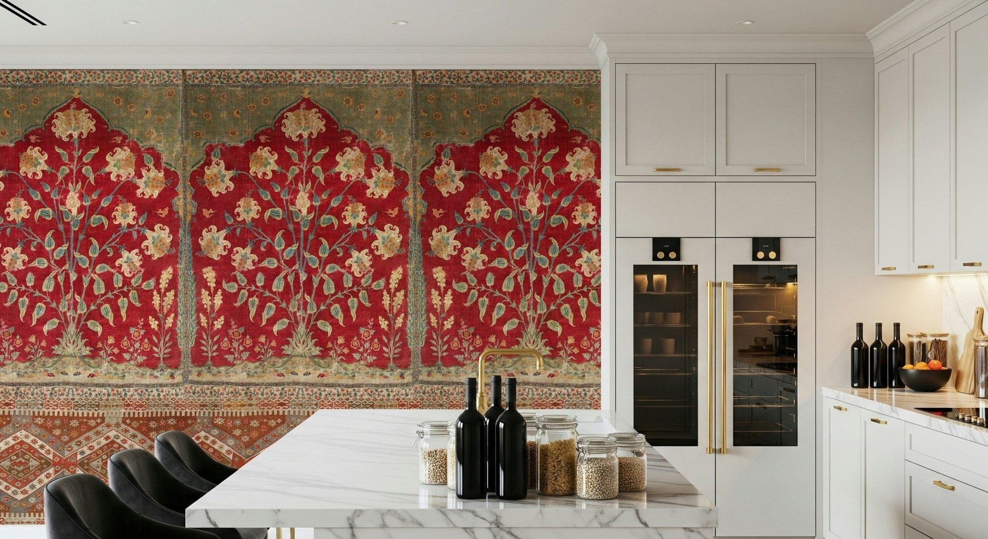 Period style garden wall mural in a large apartment lounge area