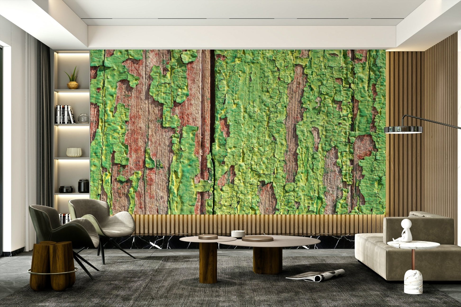Distressed green timber wallpaper design
