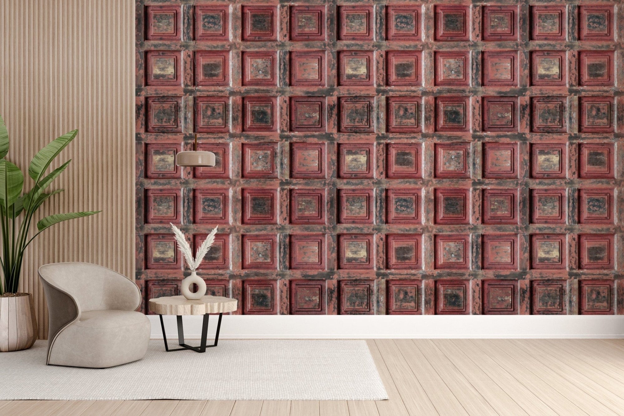 Vintage wooden grid panel wallpaper B708
