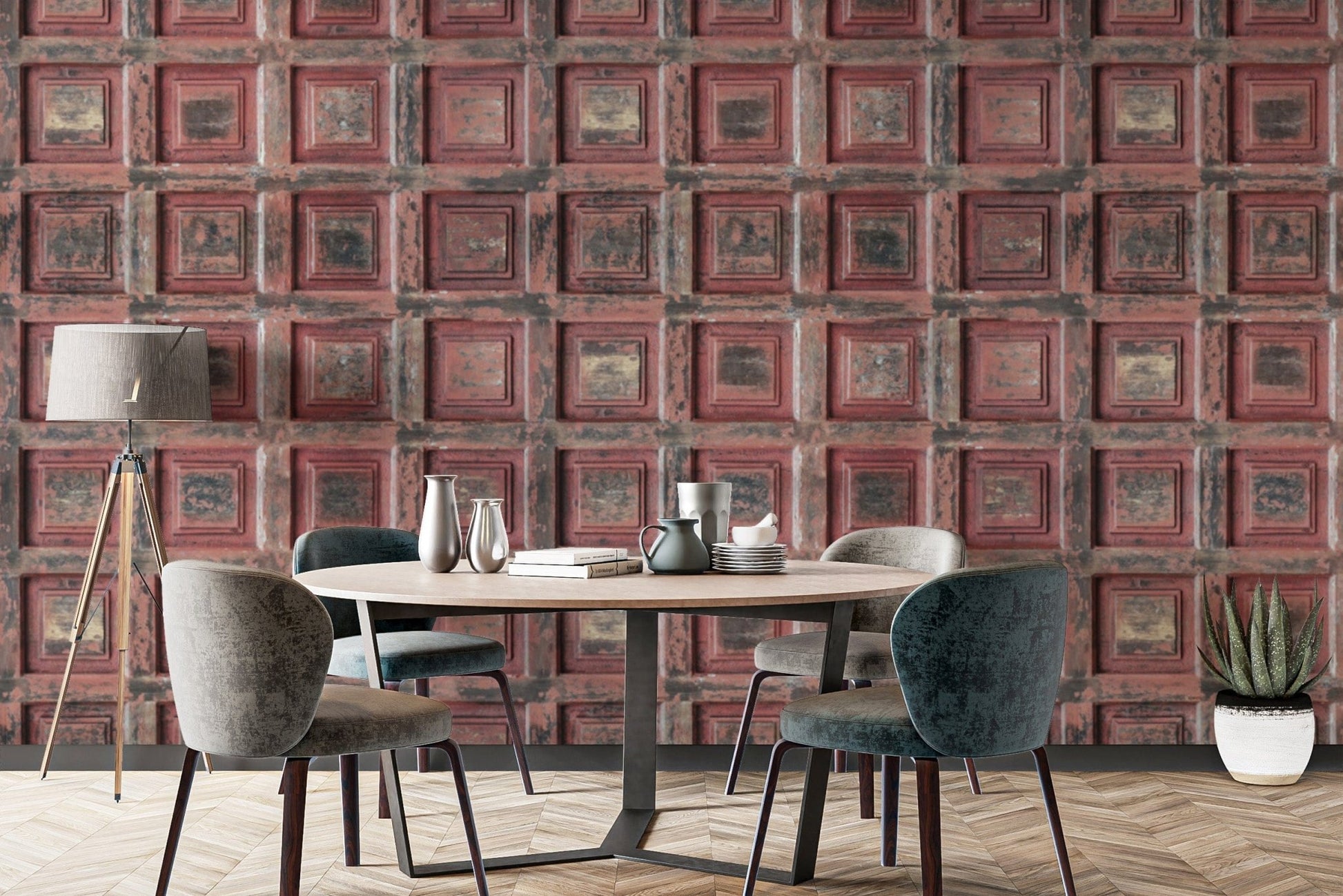 Aged rustic red panel wallpaper B708
