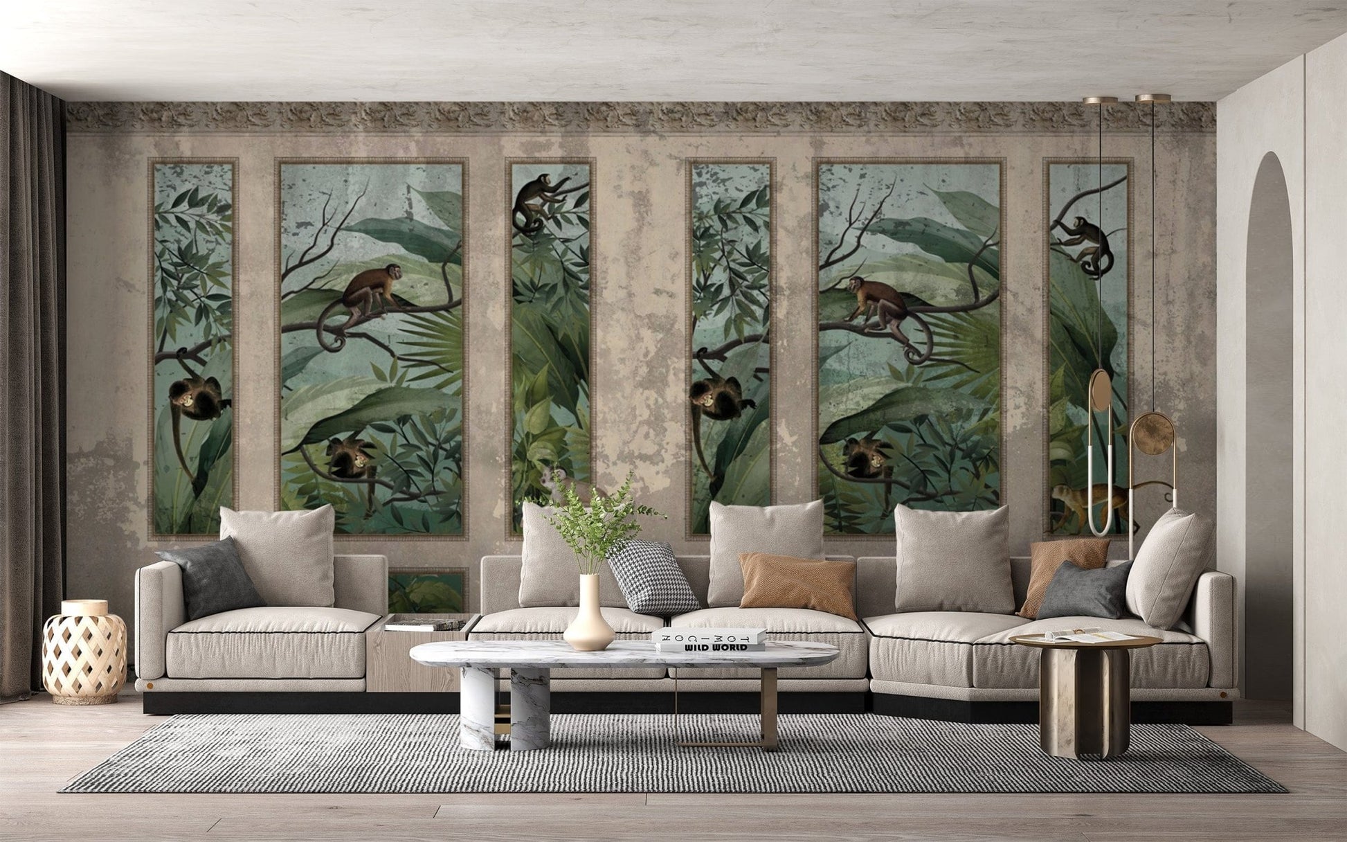 Vintage monkey wallpaper with foliage
