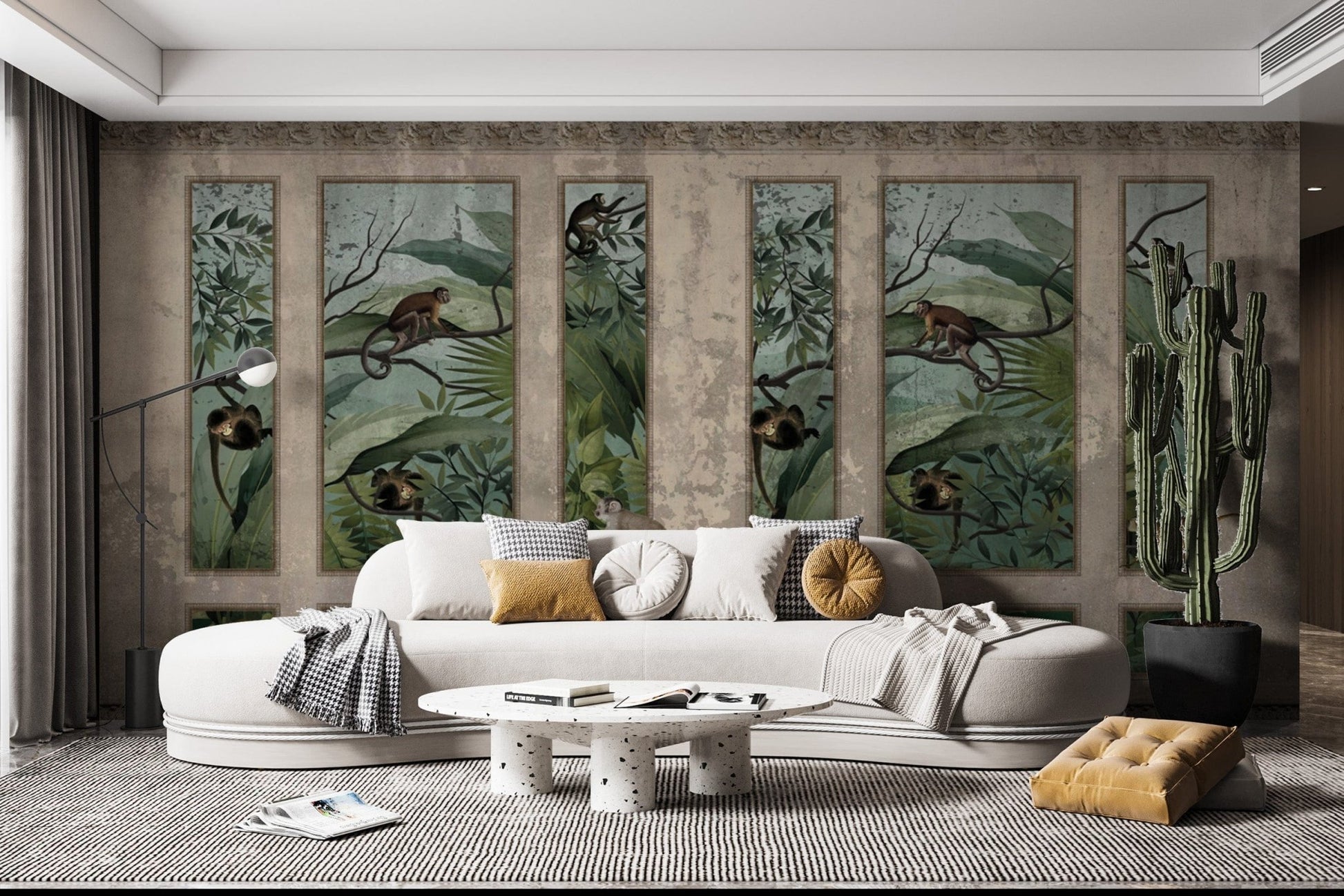 Aged jungle wallpaper with monkeys
