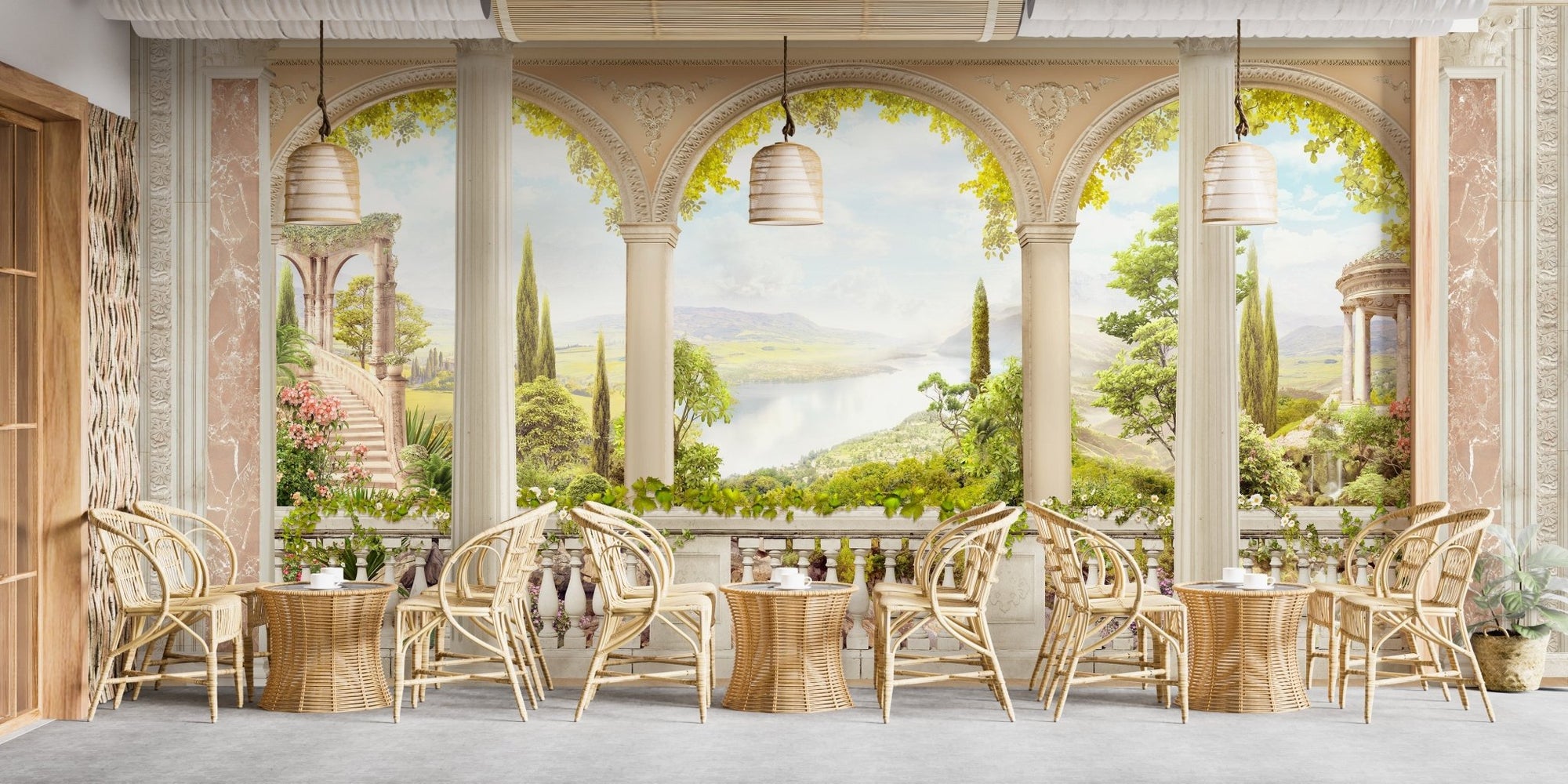 Antique balcony wallpaper with landscape and floral design A807