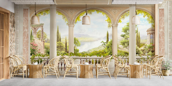 Antique balcony wallpaper with landscape and floral design A807