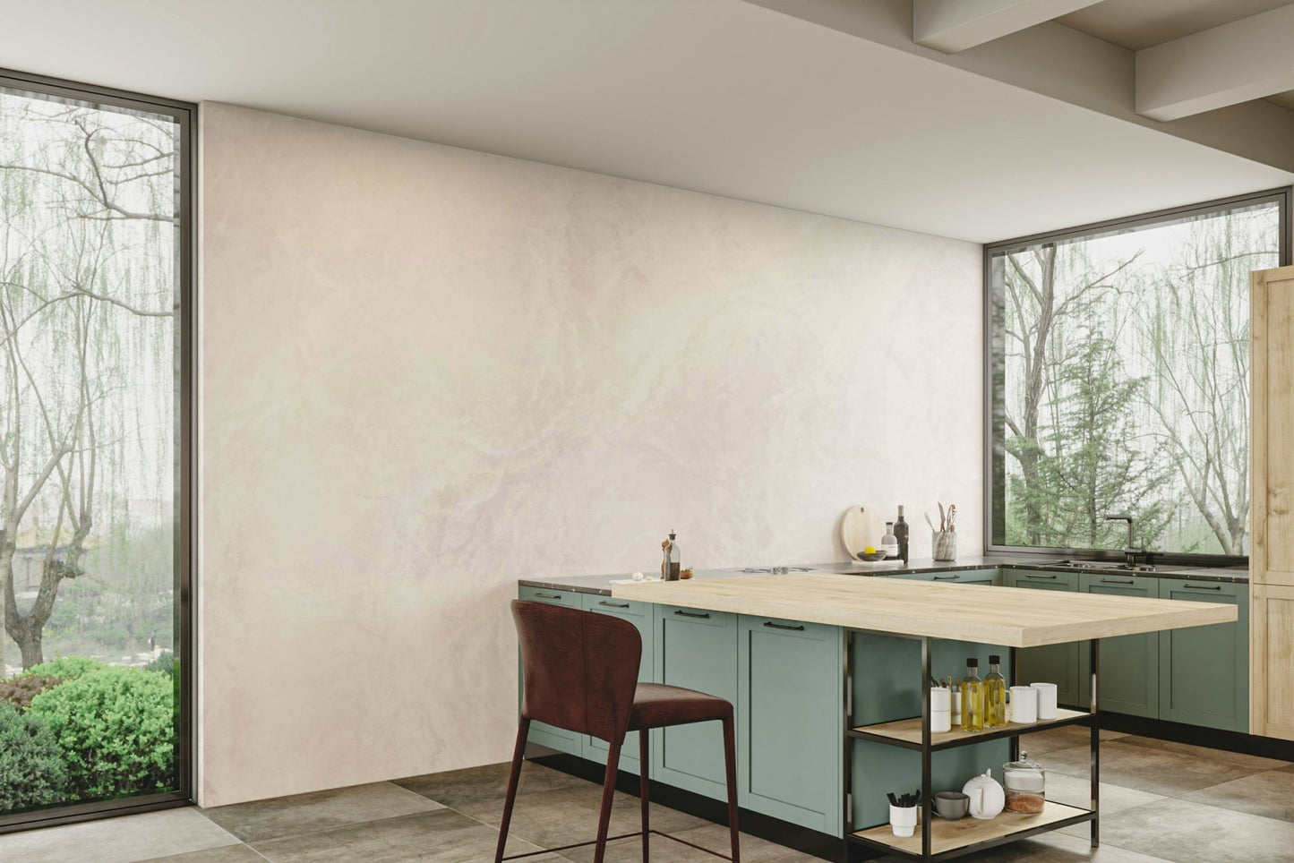 A calming neutral design wallpaper mural that defines a space.

