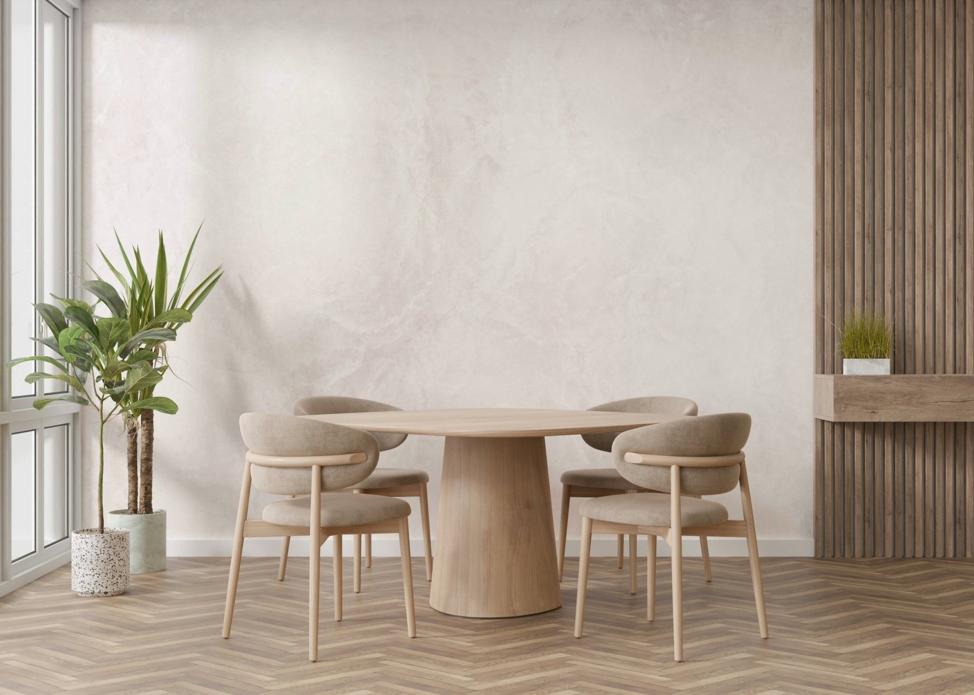 A peaceful aged fabric mural on decorative wallpaper.

