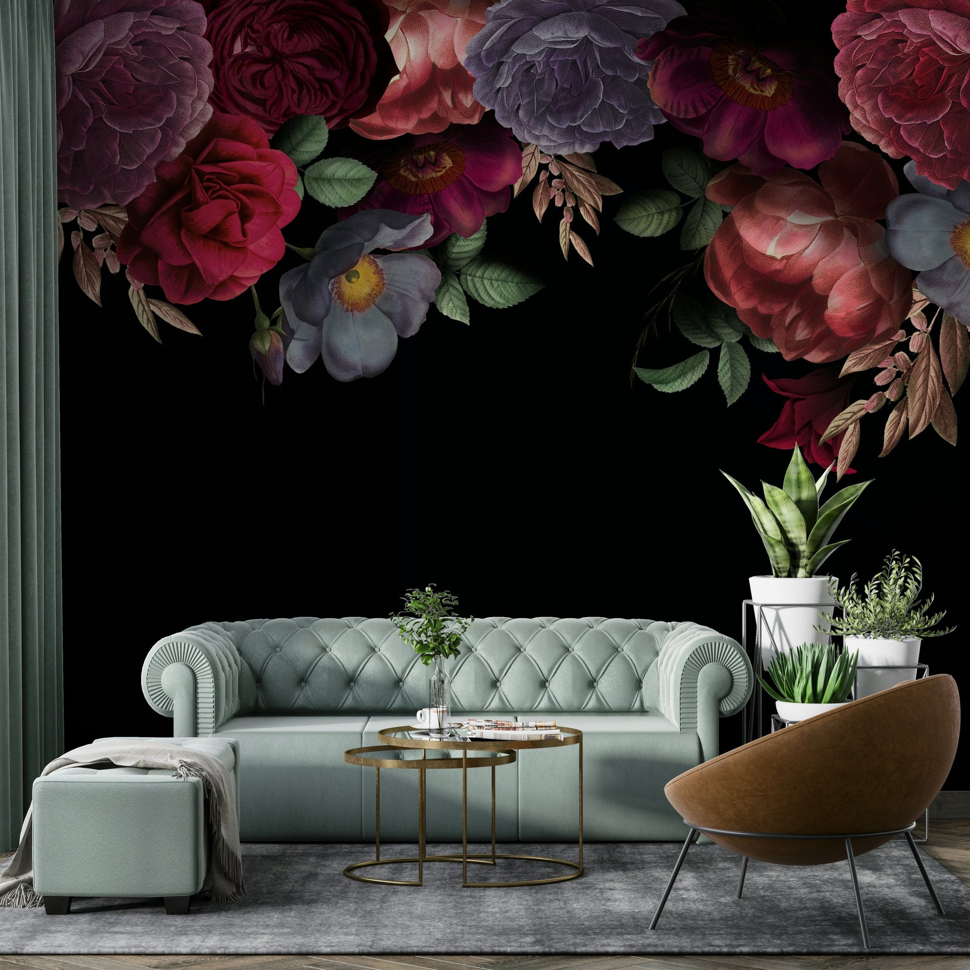 Antique Roses and Peonies with Dark Dramatic Botanical Garden Charm Wall Mural