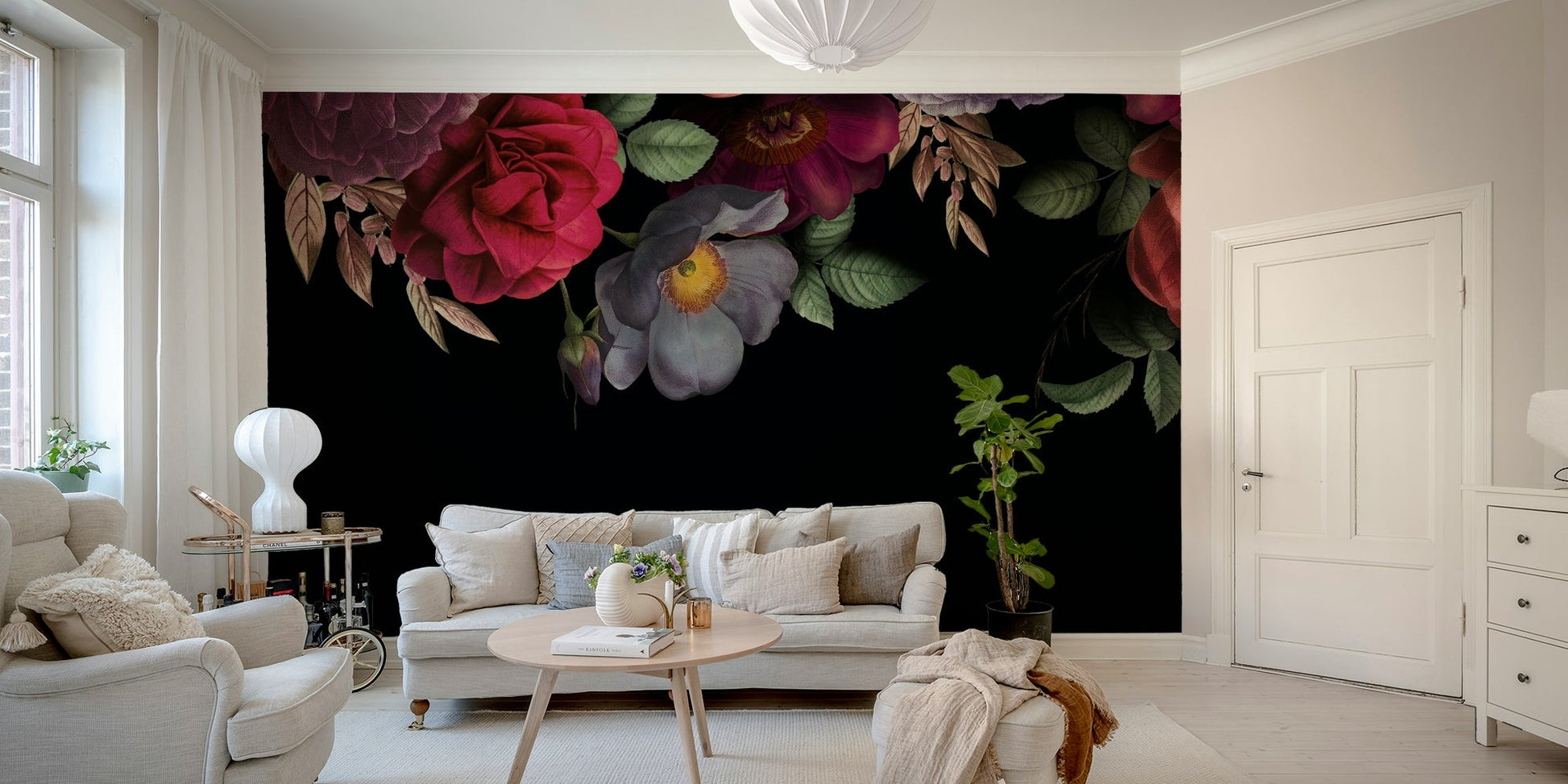 The image shows an artistic impression of a serene floral scene with a baroque feel.

